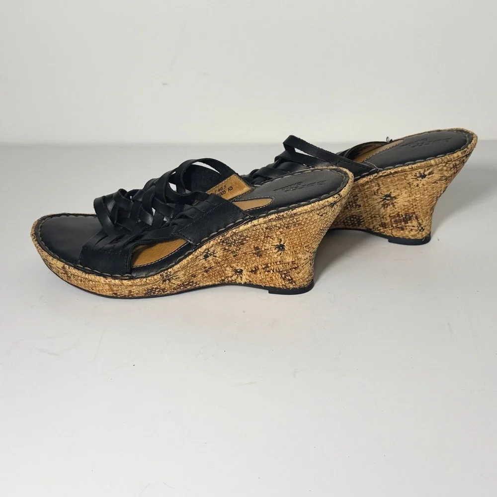 Born Drilles Woven Wedge Sandals Womens Size 9 Black Leather Raffia Boho‎